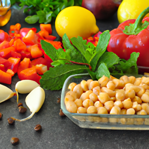 chickpeas, red bell pepper, yellow bell pepper, red onion, fresh parsley, fresh mint, olive oil, fresh lemon juice, garlic clove,   Salt and black pepper 